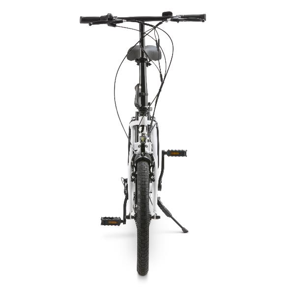Vista frontal de una bicicleta plegable blanca con detalles negros sobre fondo blanco.