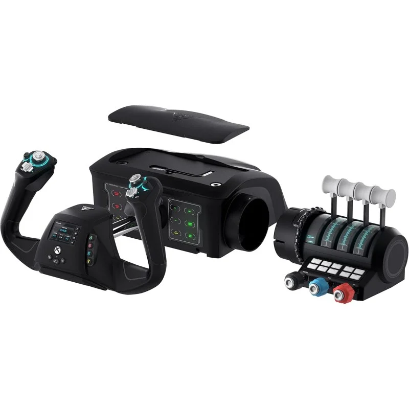 Un controlador negro de simulador de vuelo con yugo, panel de control y consola central.