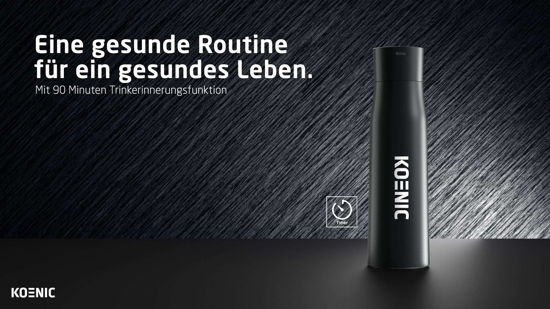 Schwarze Trinkflasche mit Timer-Symbol und Text 'Eine gesunde Routine'.