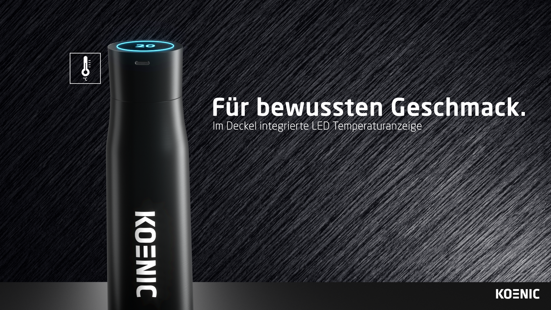 Schwarze Thermoskanne mit digitaler Temperaturanzeige auf dem Deckel.