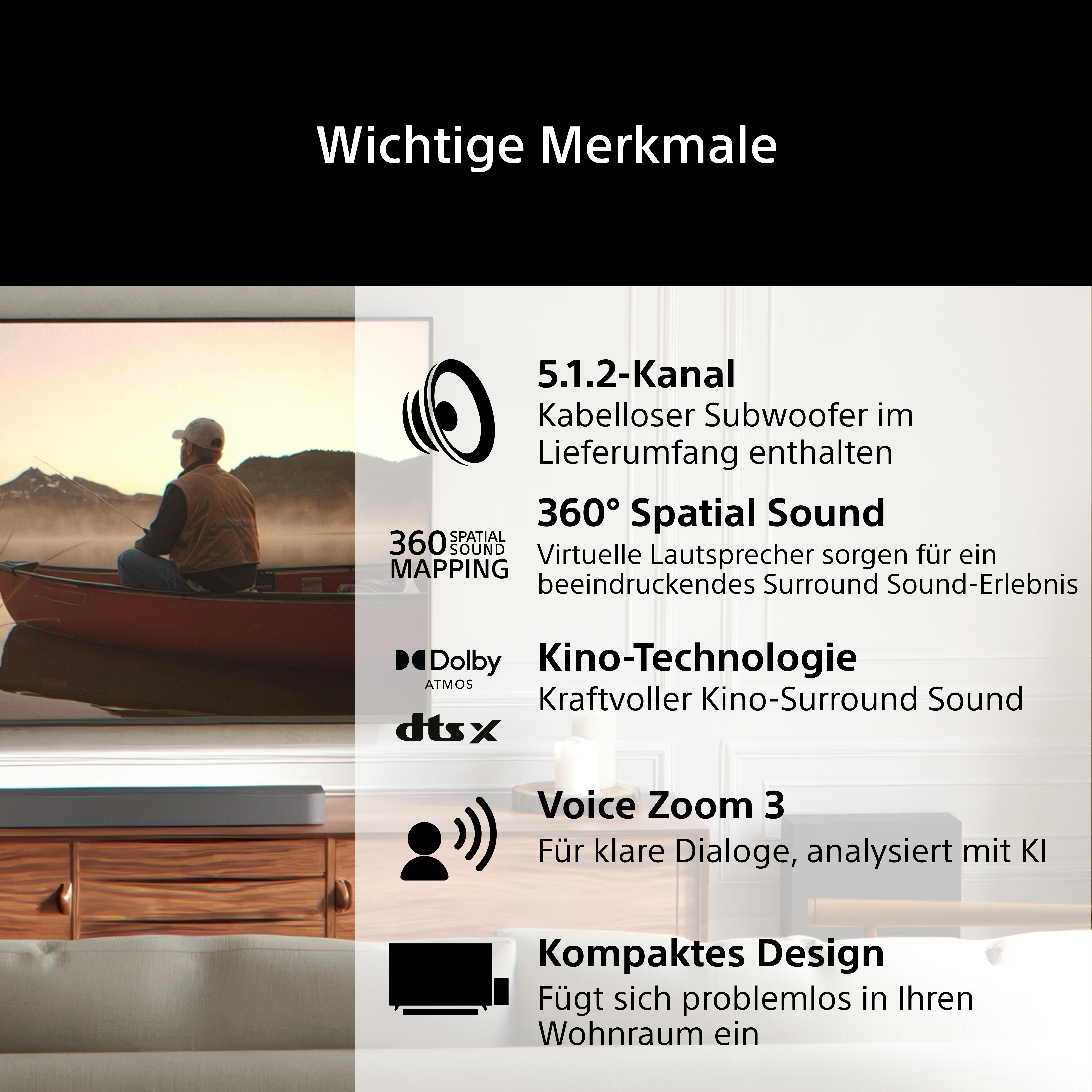 Bild zeigt wichtige Merkmale: 5.1.2-Kanal, 360° Spatial Sound, Kino-Technologie, Voice Zoom 3, Kompaktes Design.