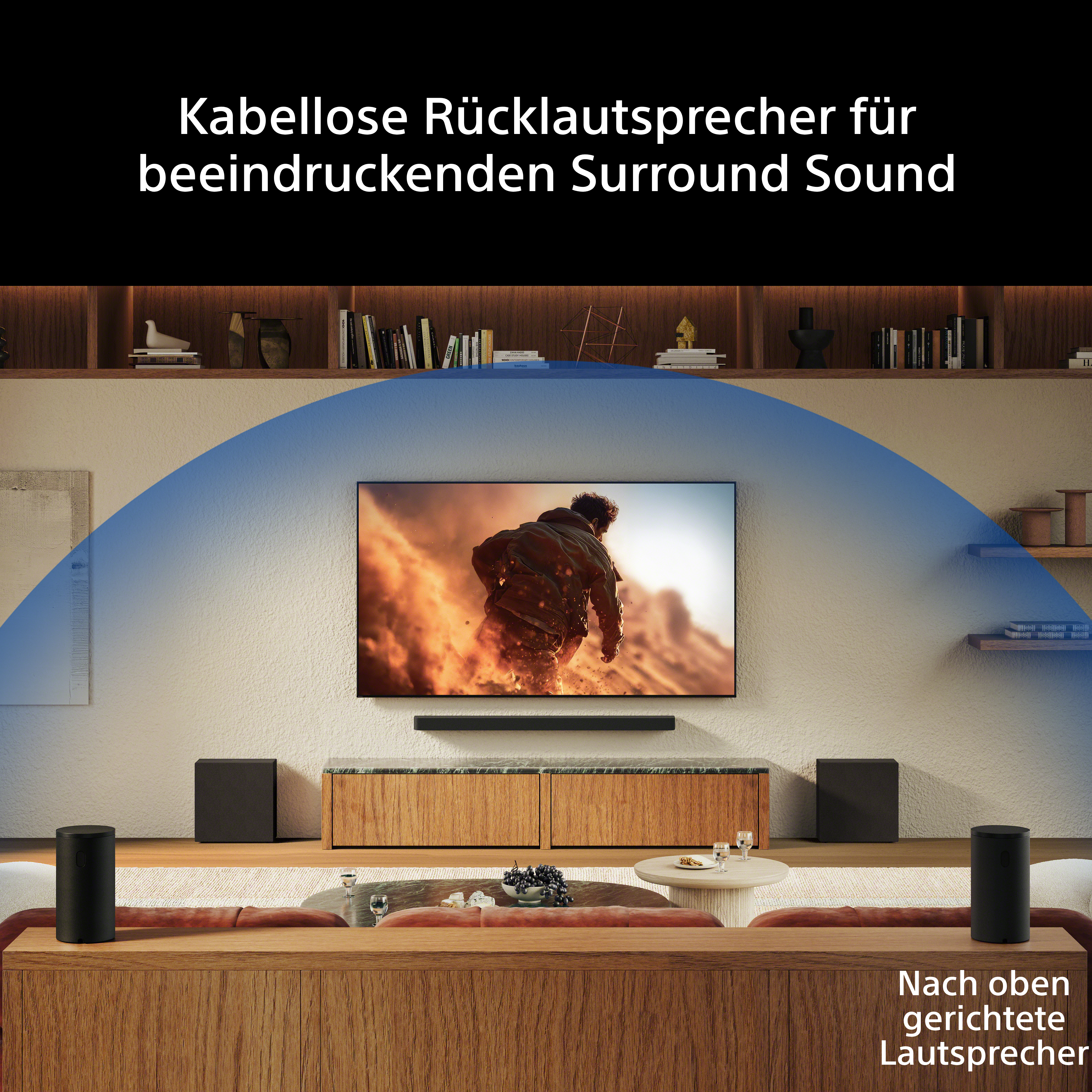 Kabellose Lautsprecher umgeben den Fernseher für Surround Sound.