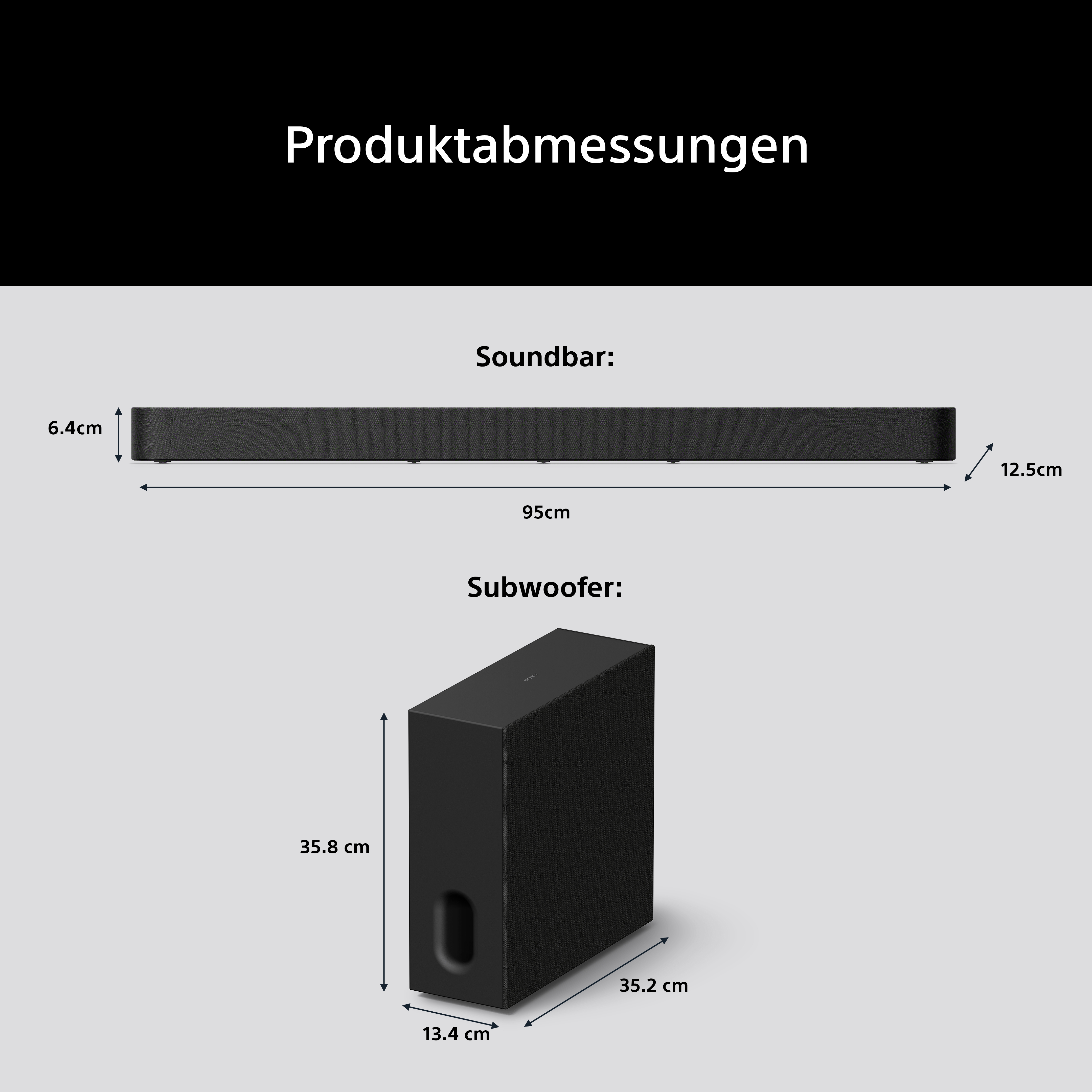 Produktabmessungen von Soundbar und Subwoofer mit Maßen.
