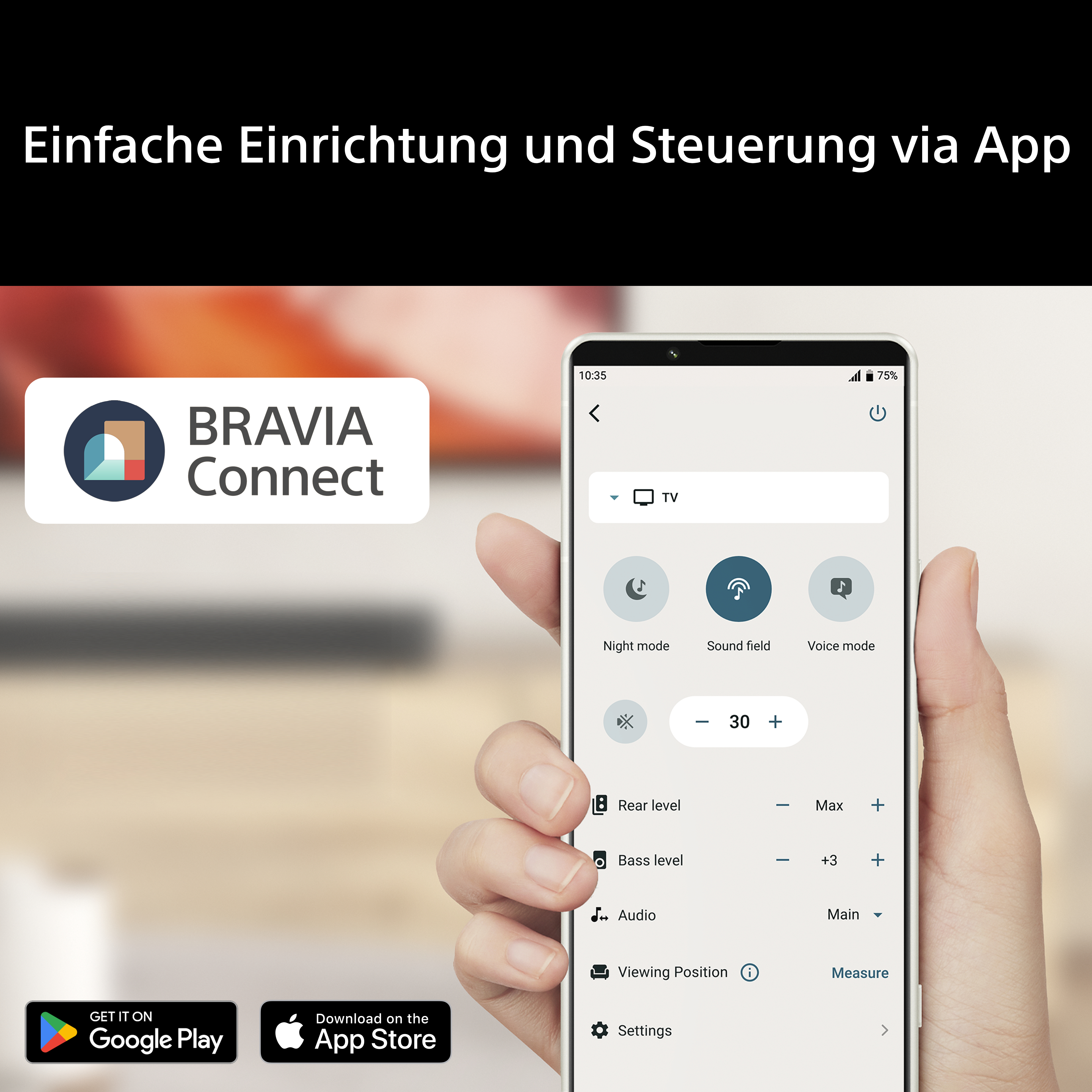 Ein Smartphone zeigt die BRAVIA Connect App mit TV-Einstellungen wie Nachtmodus, Tonfeld und Lautstärke an.