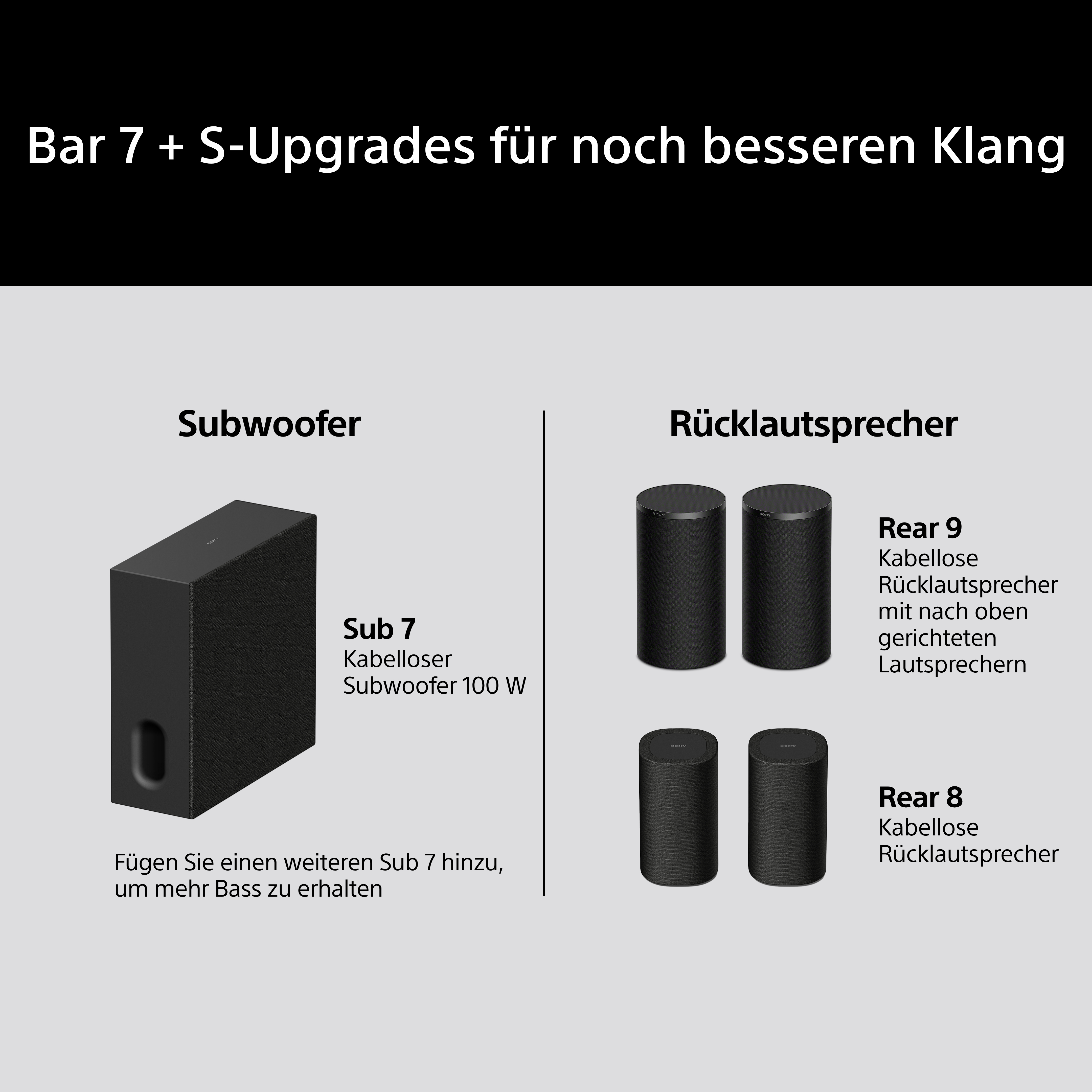 Schwarzer Subwoofer und Rücklautsprecher von Sony für besseren Klang.