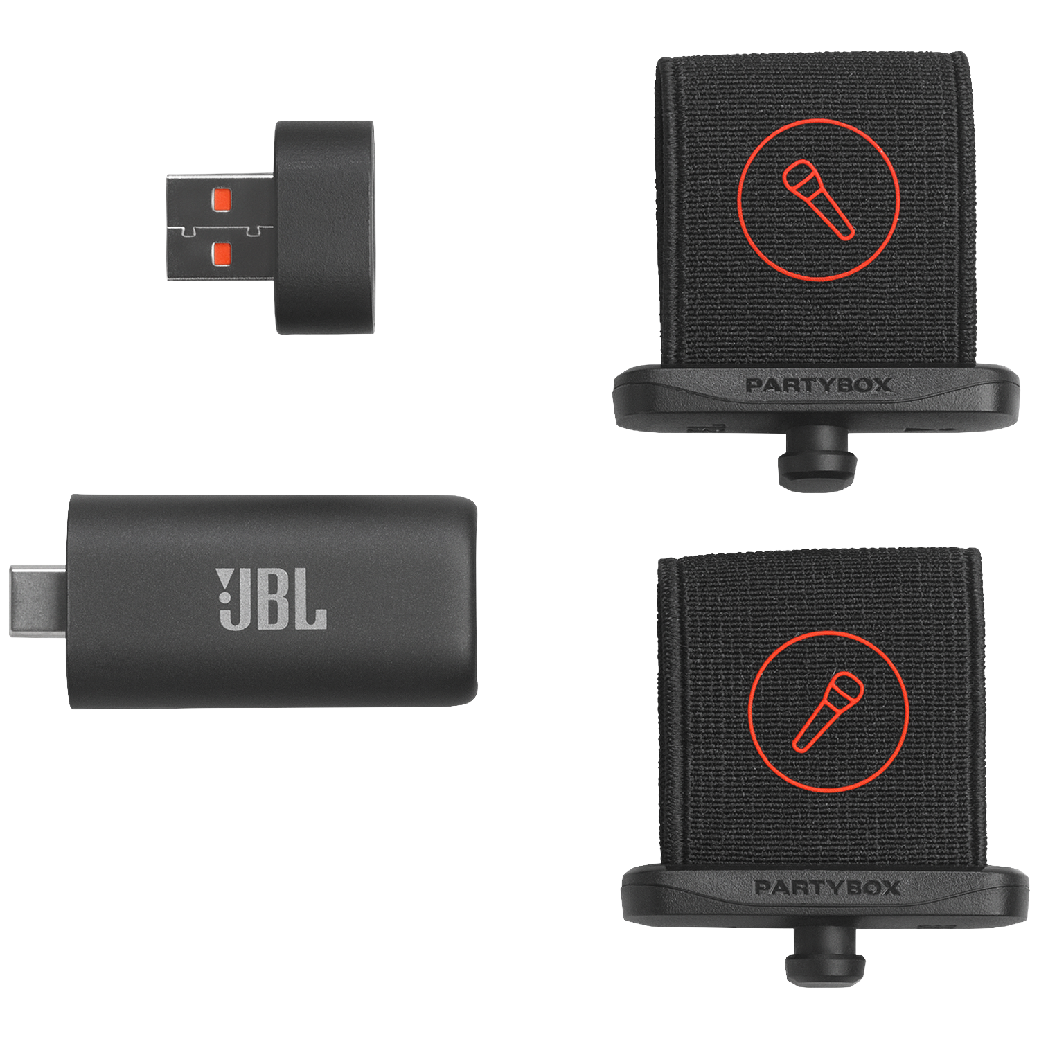 Two black USB dongles and two black microphone devices with red microphone icon.