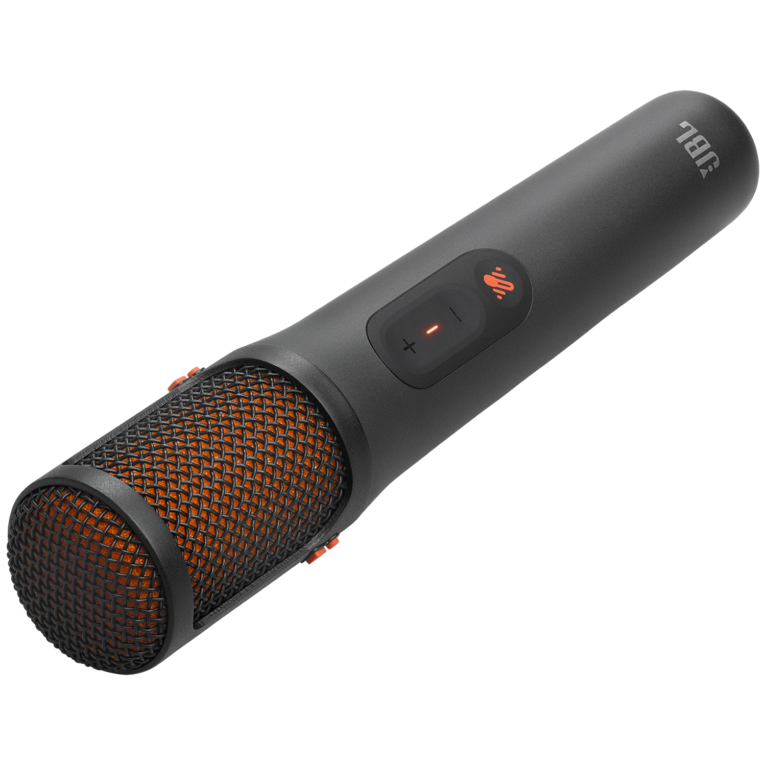 A dark gray JBL microphone with an orange mesh grill and red indicator lights.