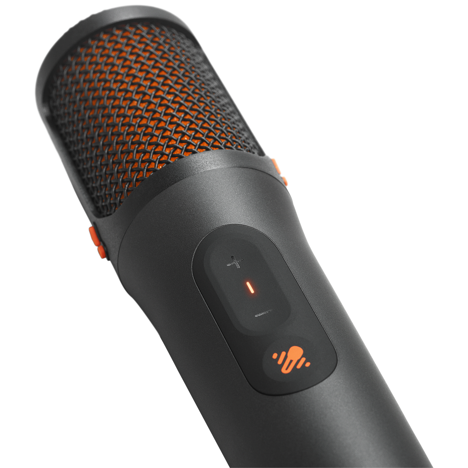 A black microphone with an orange grille and illuminated controls.