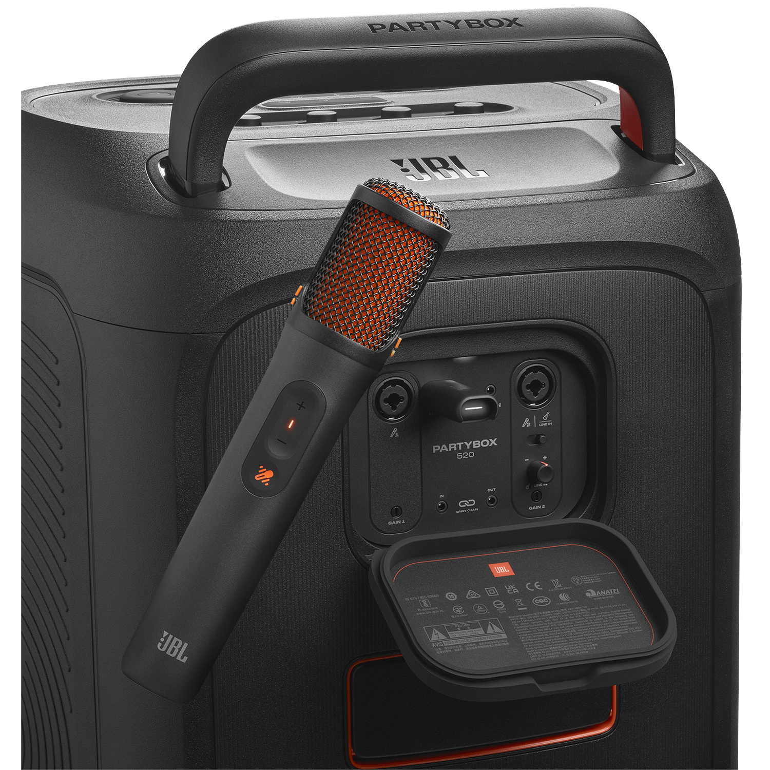 A black JBL Partybox 520 speaker with a microphone.
