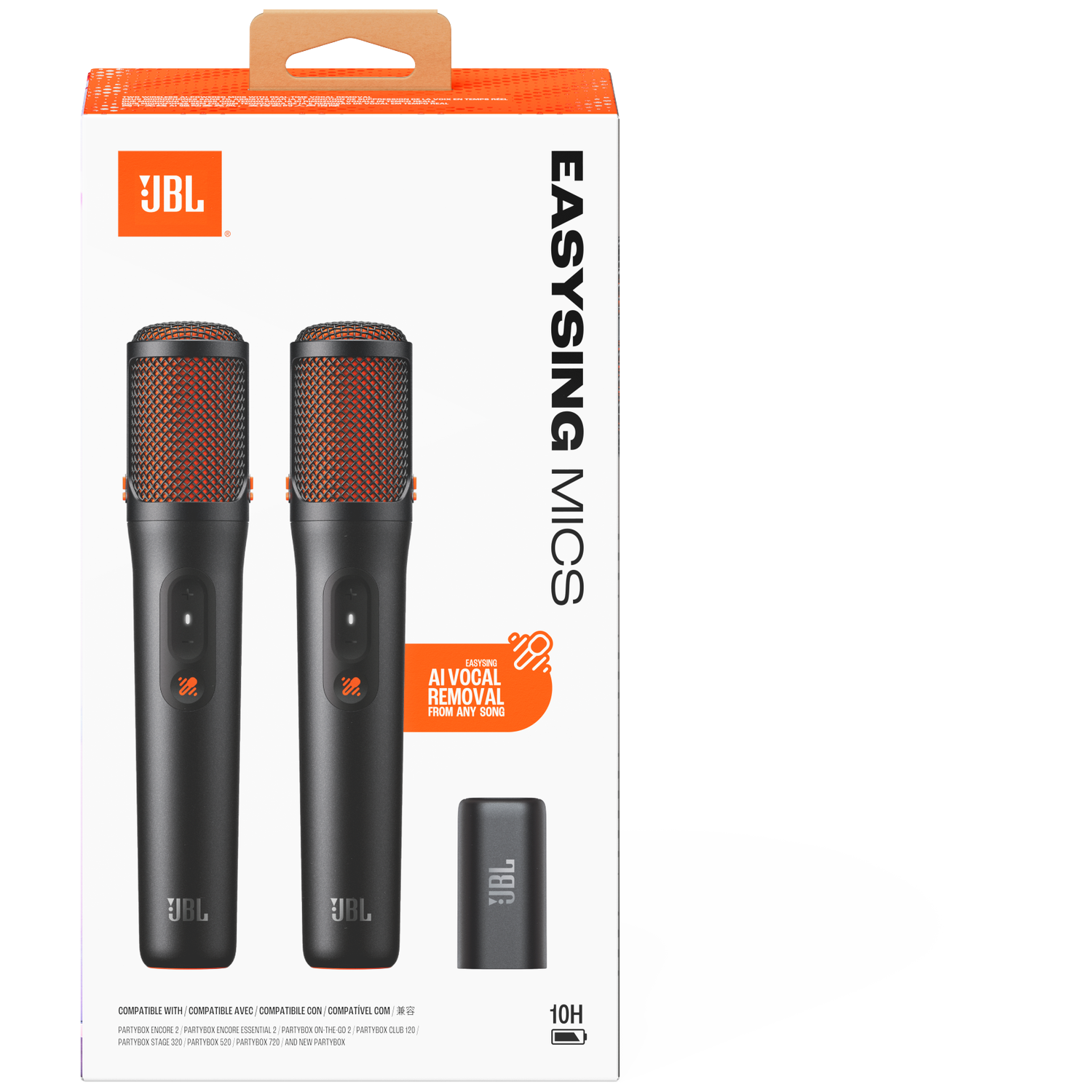 Box with two black JBL microphones, orange grille, AI vocal removal feature.