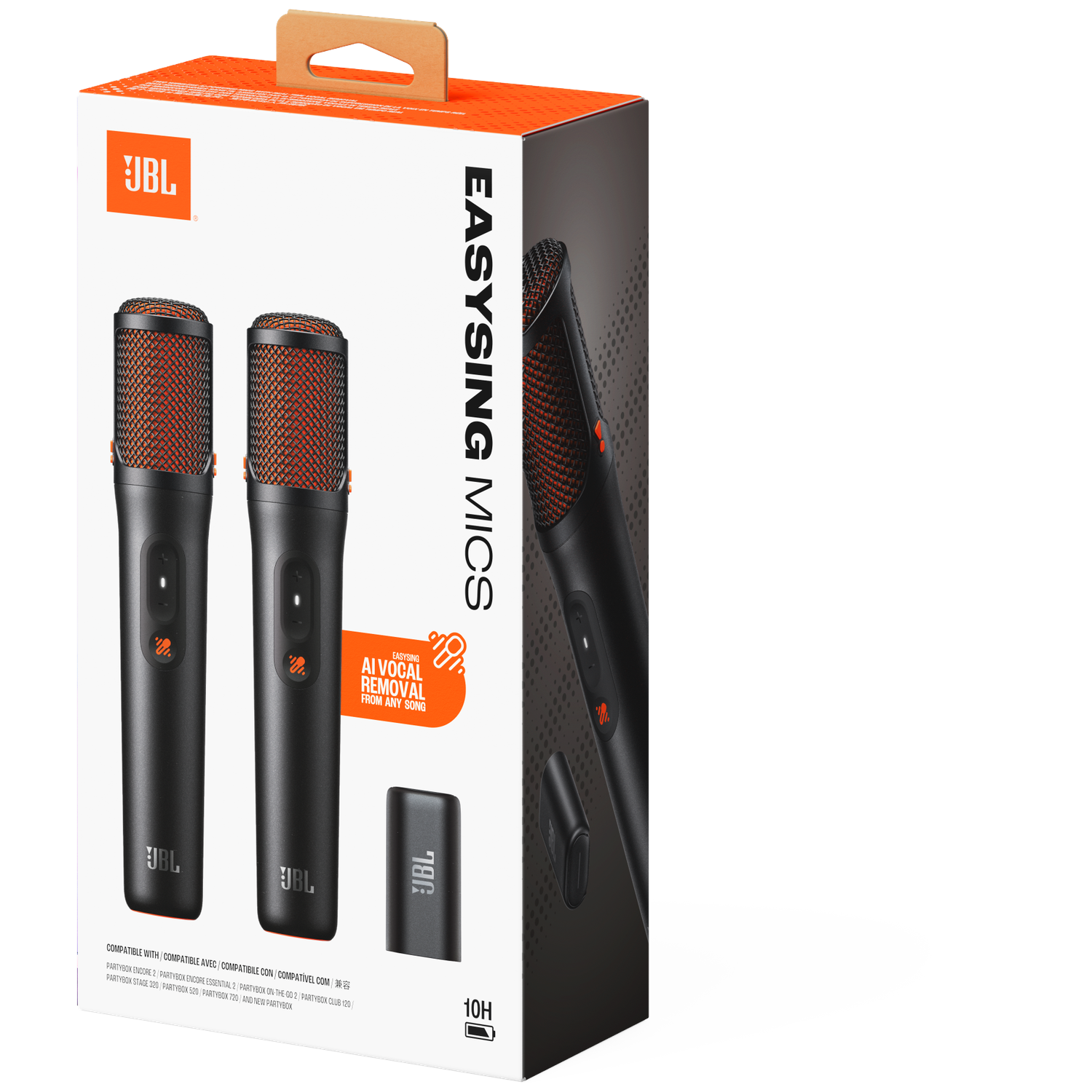 JBL EasySing Mics: two black microphones with red grilles on a package.