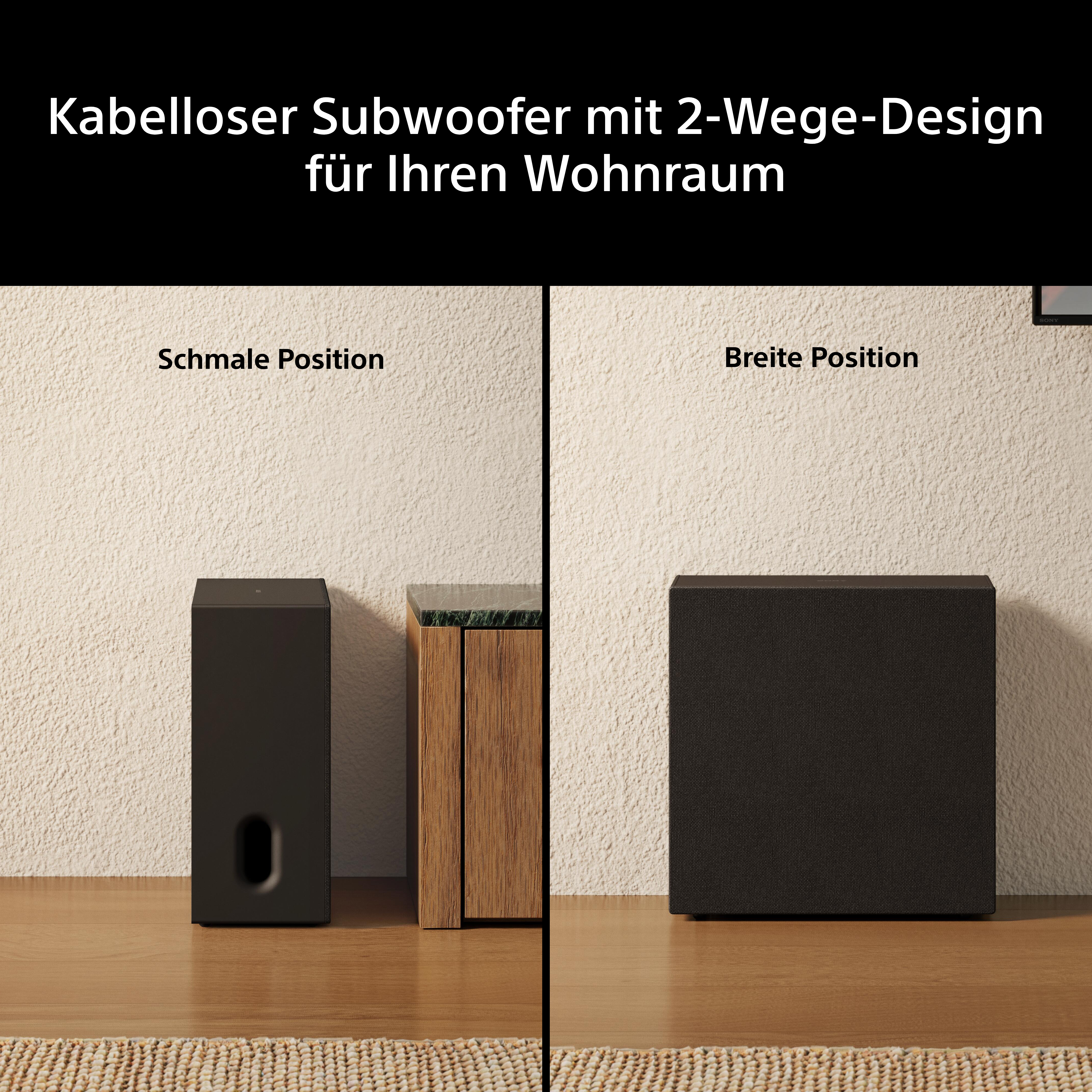 Schwarzer Subwoofer in schmaler und breiter Position nebeneinander.