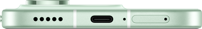 Világoszöld telefon alsó részének közelképe hangszóróval, USB-C porttal és SIM tálcával.