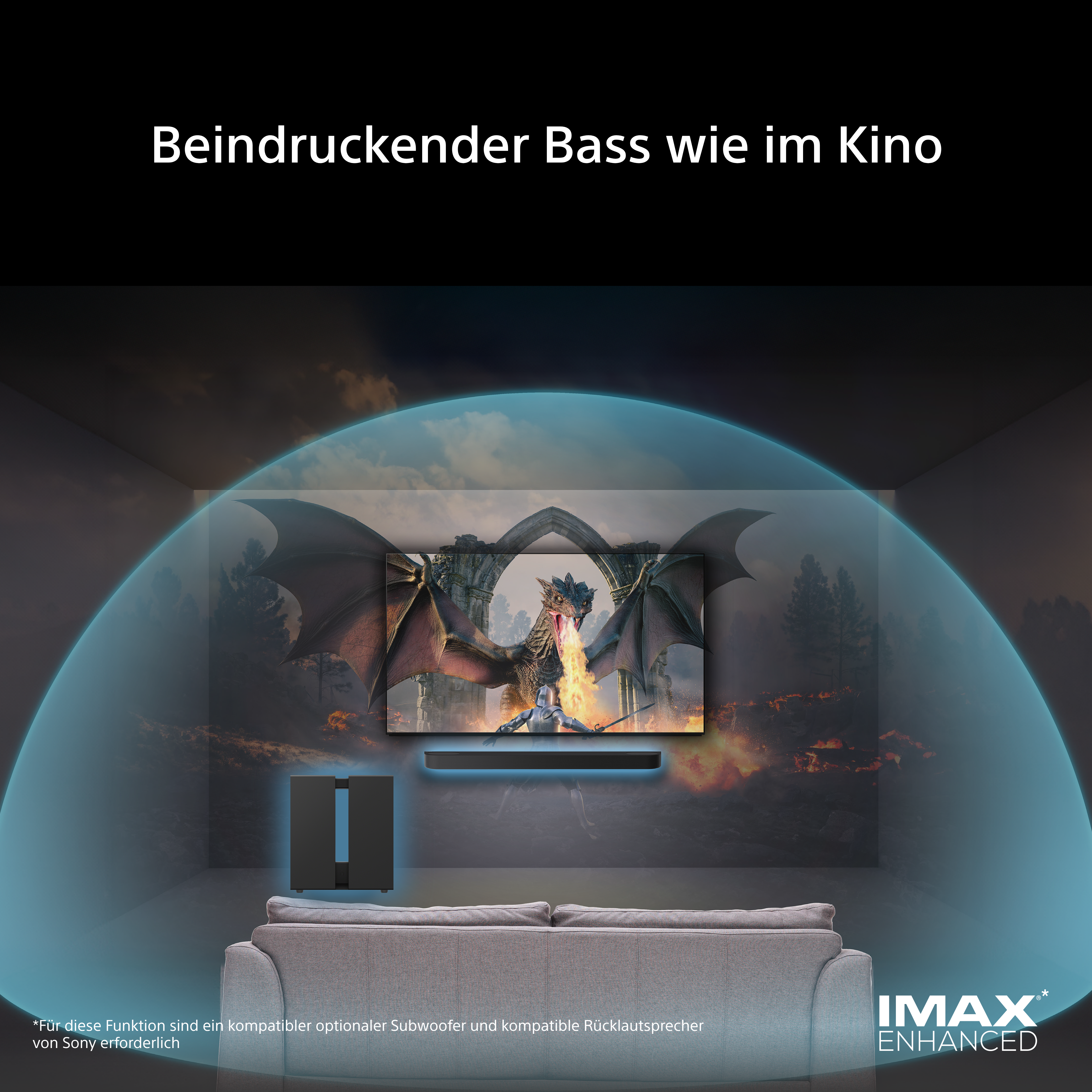 Ein Drache spuckt Feuer auf einen Ritter vor einem Fernseher mit Heimkino-Setup.