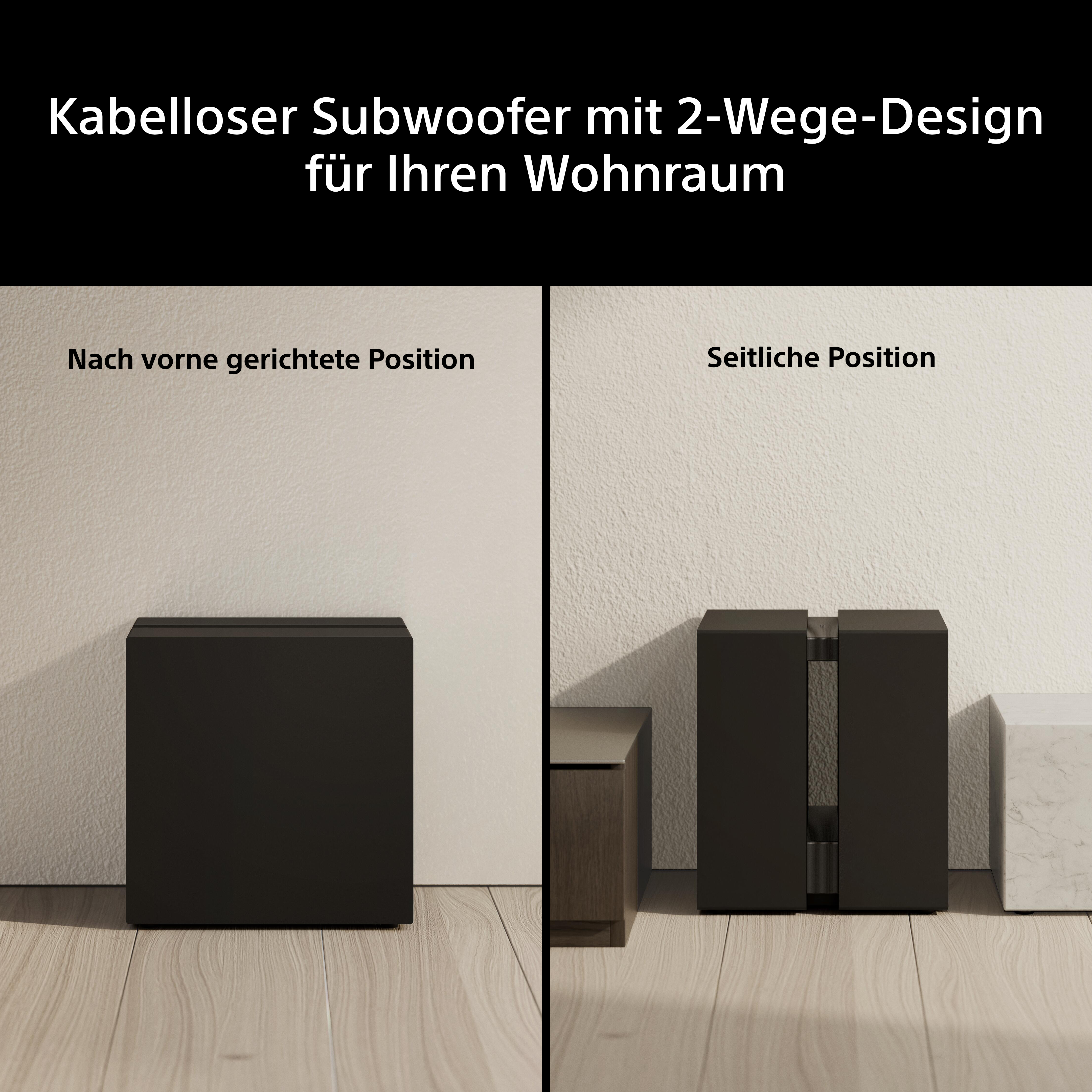 Schwarzer Subwoofer in zwei Positionen: vorne und seitlich.
