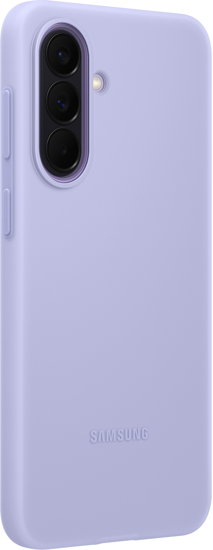 Una cover viola chiaro per telefono con tre lenti e flash.