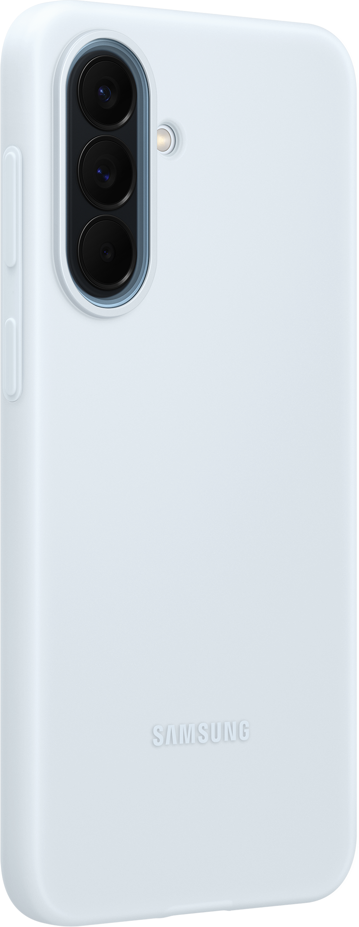 Custodia per telefono azzurra con allineamento fotocamera e logo Samsung.