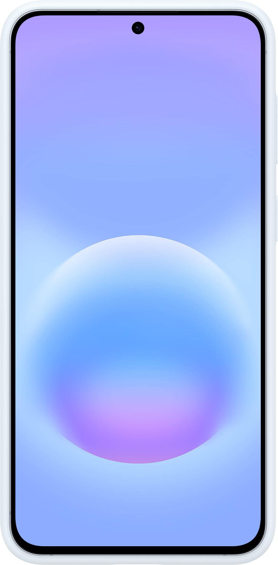 Uno smartphone con gradiente viola-blu e una sfera morbida.