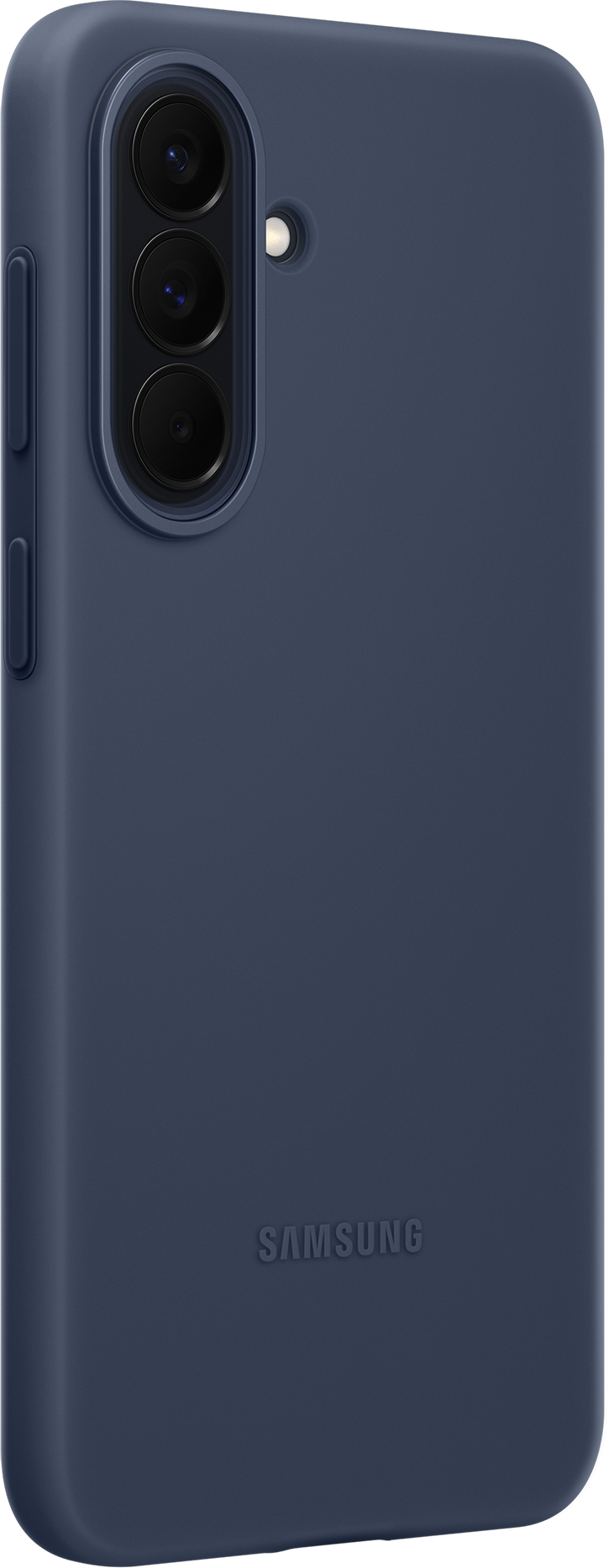 Coque de téléphone bleu foncé avec trois objectifs photo et logo Samsung.
