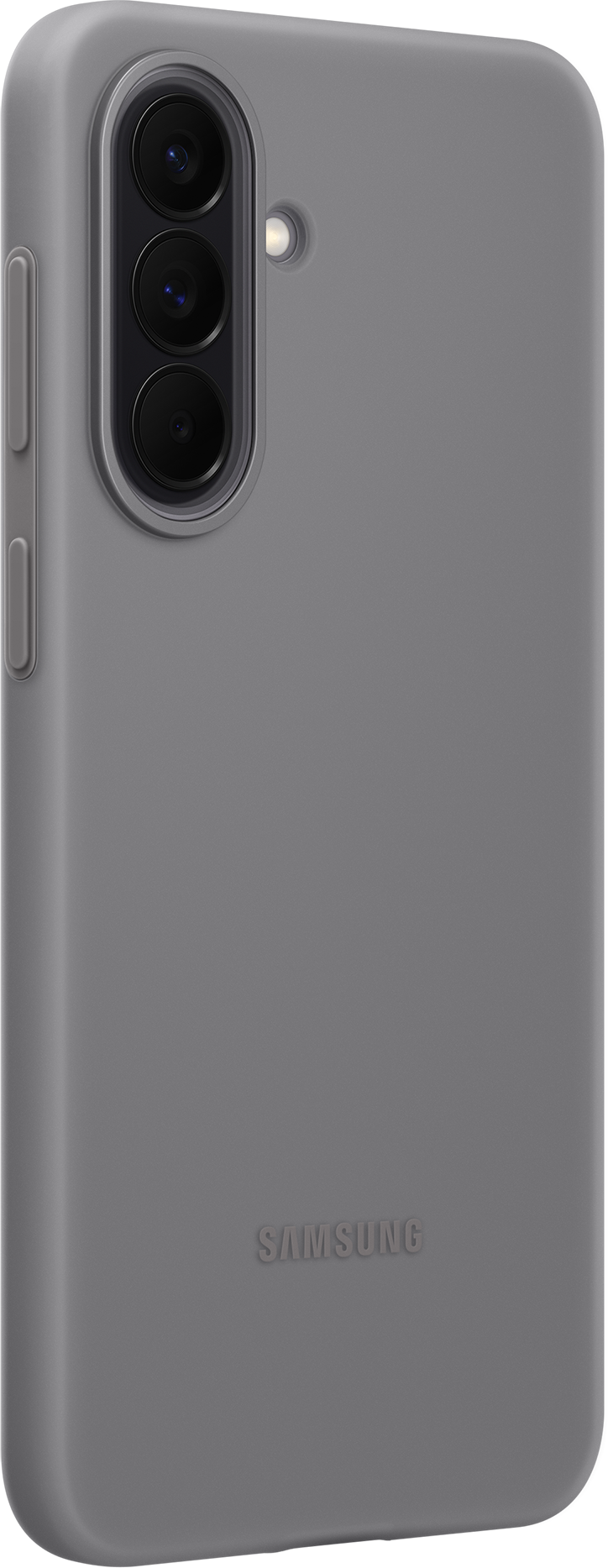 Custodia grigia per telefono con fotocamere e logo Samsung.
