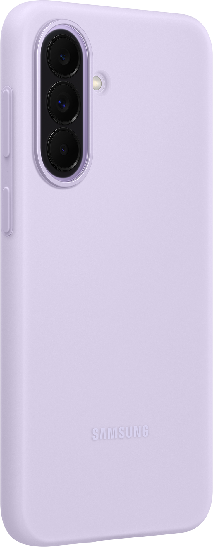 Custodia viola per telefono con tre obiettivi e flash. Logo Samsung in rilievo.