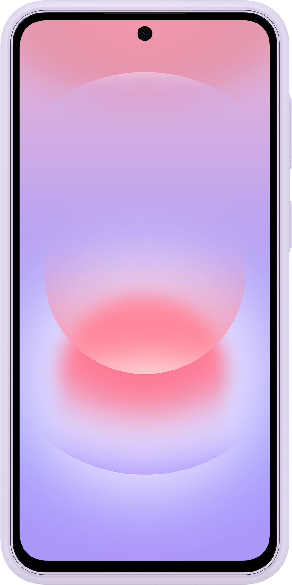 Uno smartphone con un gradiente dal viola al rosa e un design circolare.