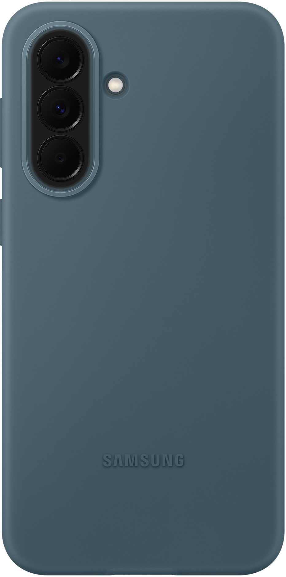 Una cover blu per telefono con tre obiettivi e un flash.