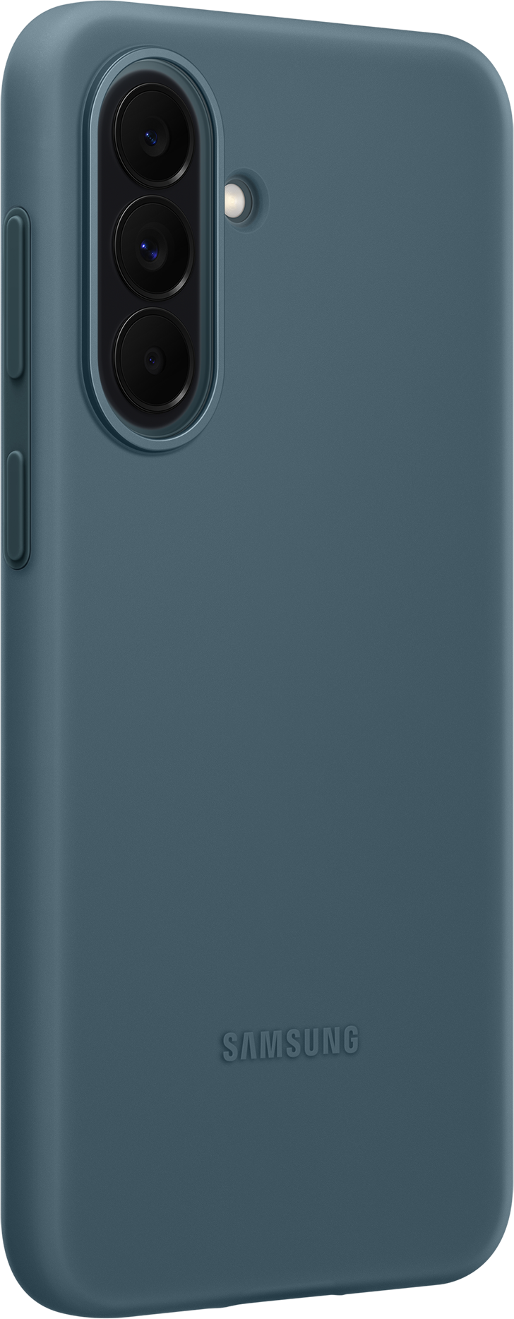 Custodia blu scuro per telefono con tre fotocamere e logo Samsung.