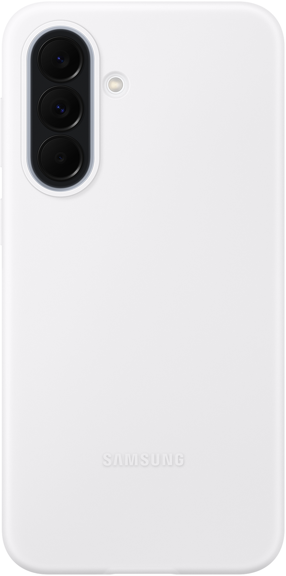 Custodia bianca per telefono con tre fotocamere e logo Samsung.