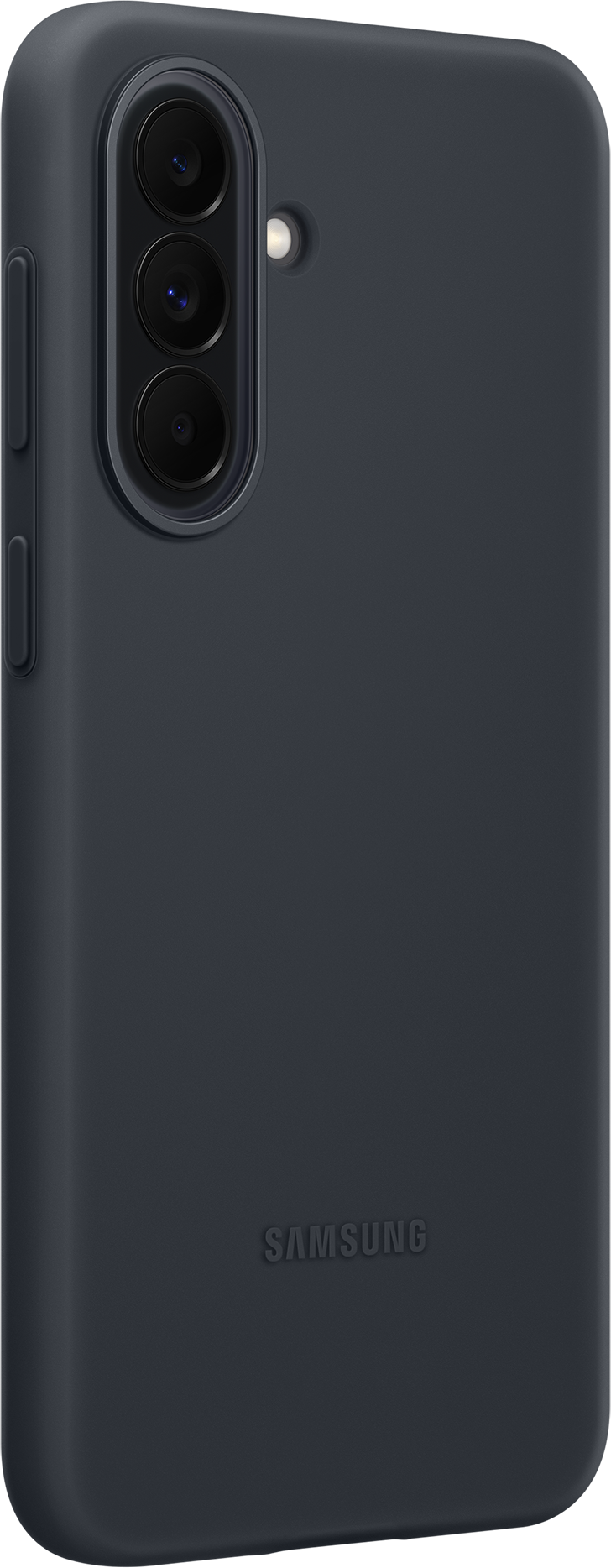 Custodia grigio scuro per telefono con tre fotocamere e logo Samsung.