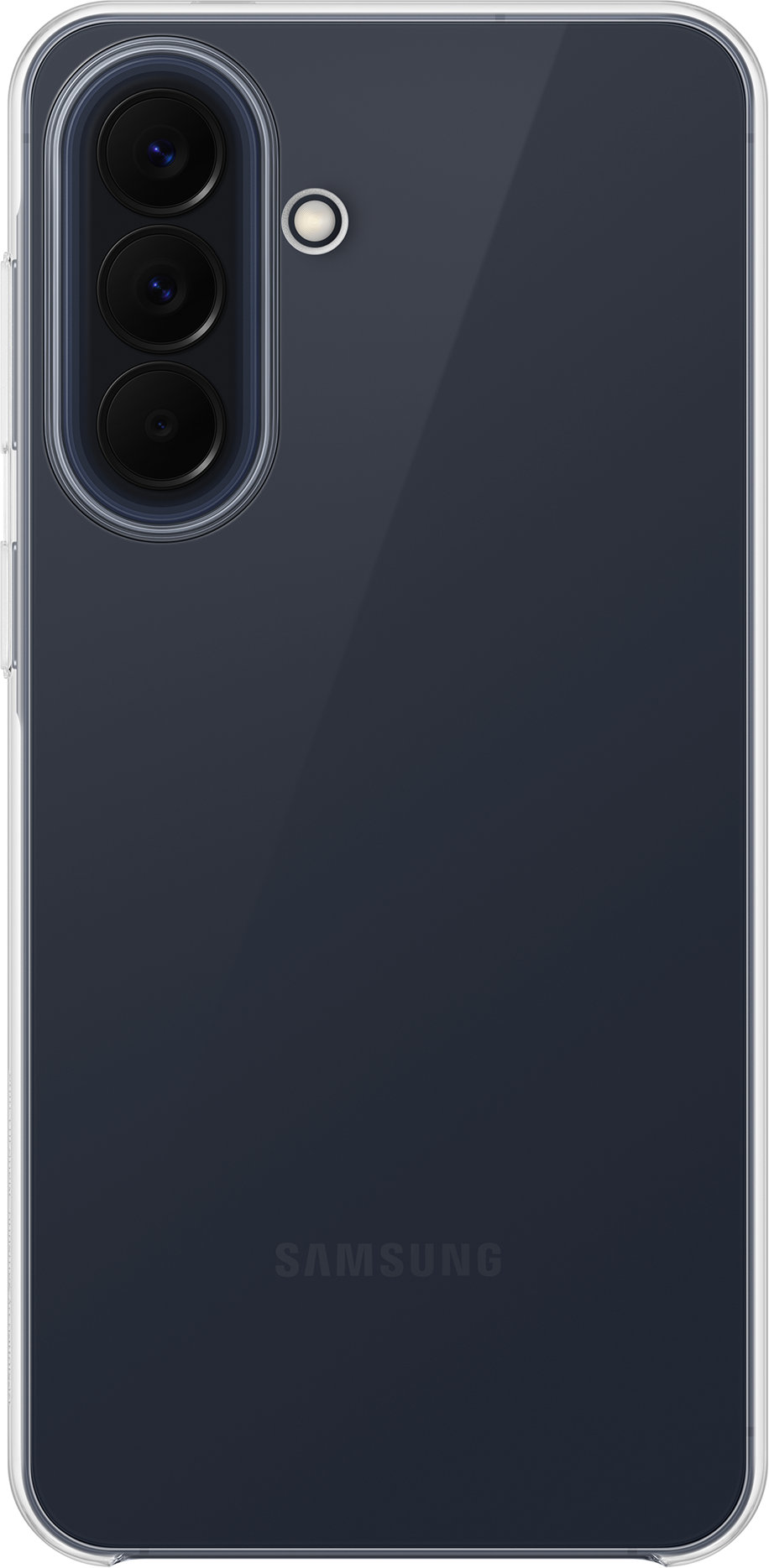 Retro di uno smartphone Samsung scuro in custodia trasparente, con tre fotocamere.