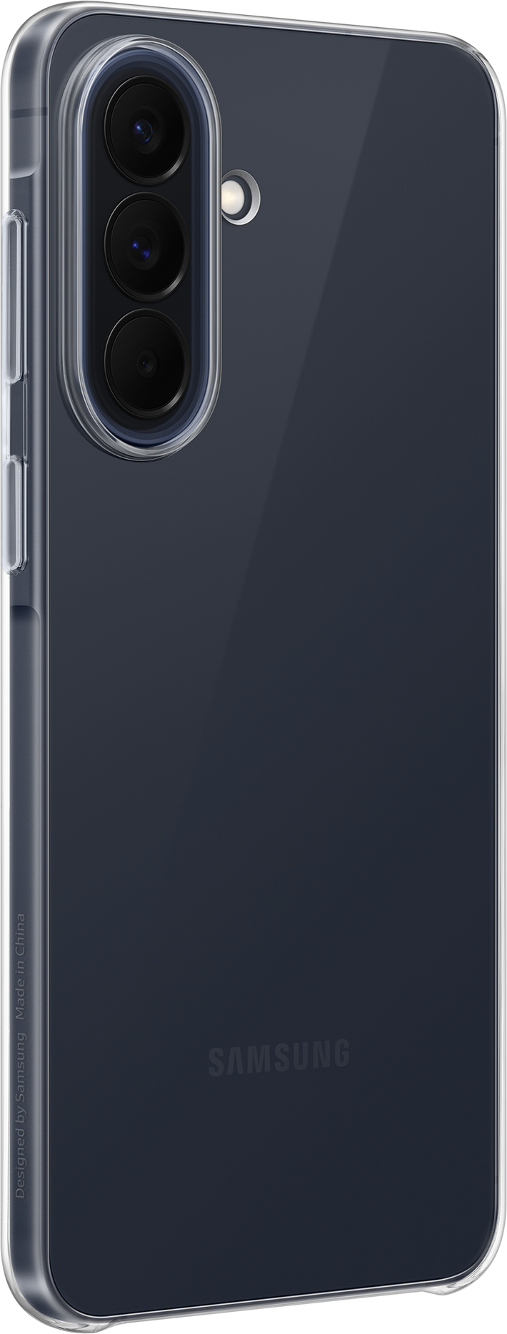 Retro di uno smartphone in custodia trasparente, con tre fotocamere.