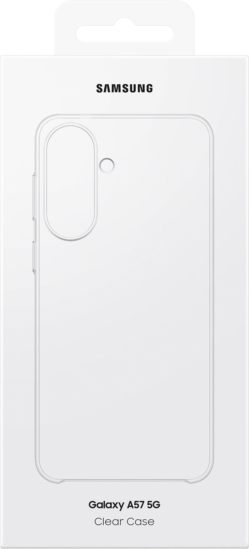 Scatola bianca con logo Samsung, mostra il contorno di una cover trasparente.