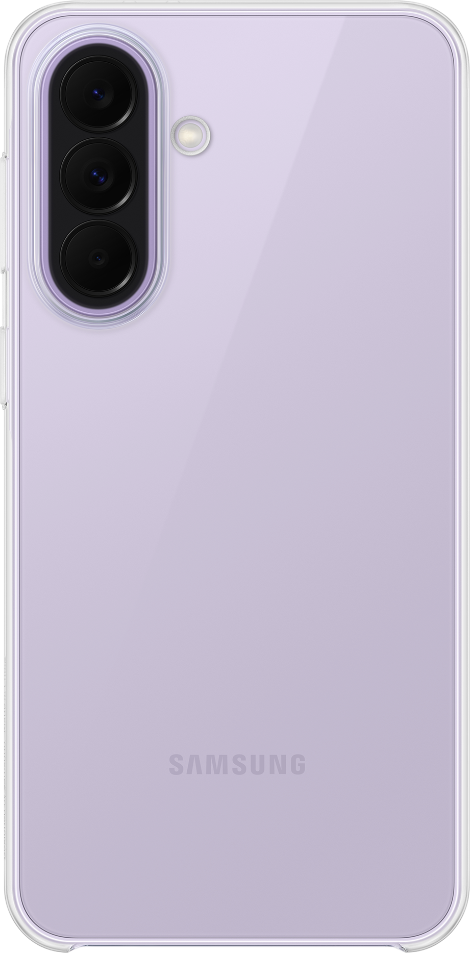 Un téléphone Samsung violet avec trois caméras et un flash au dos.