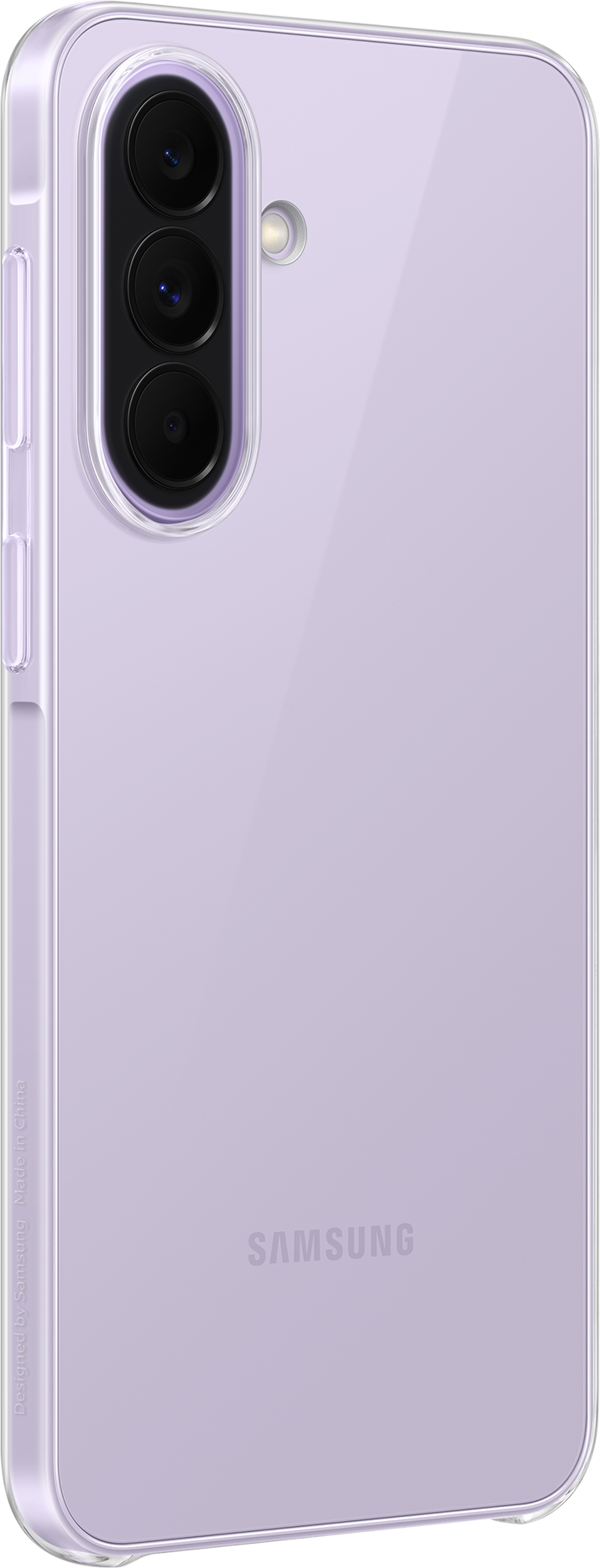Un téléphone Samsung violet clair dans un étui transparent, avec triple appareil photo.