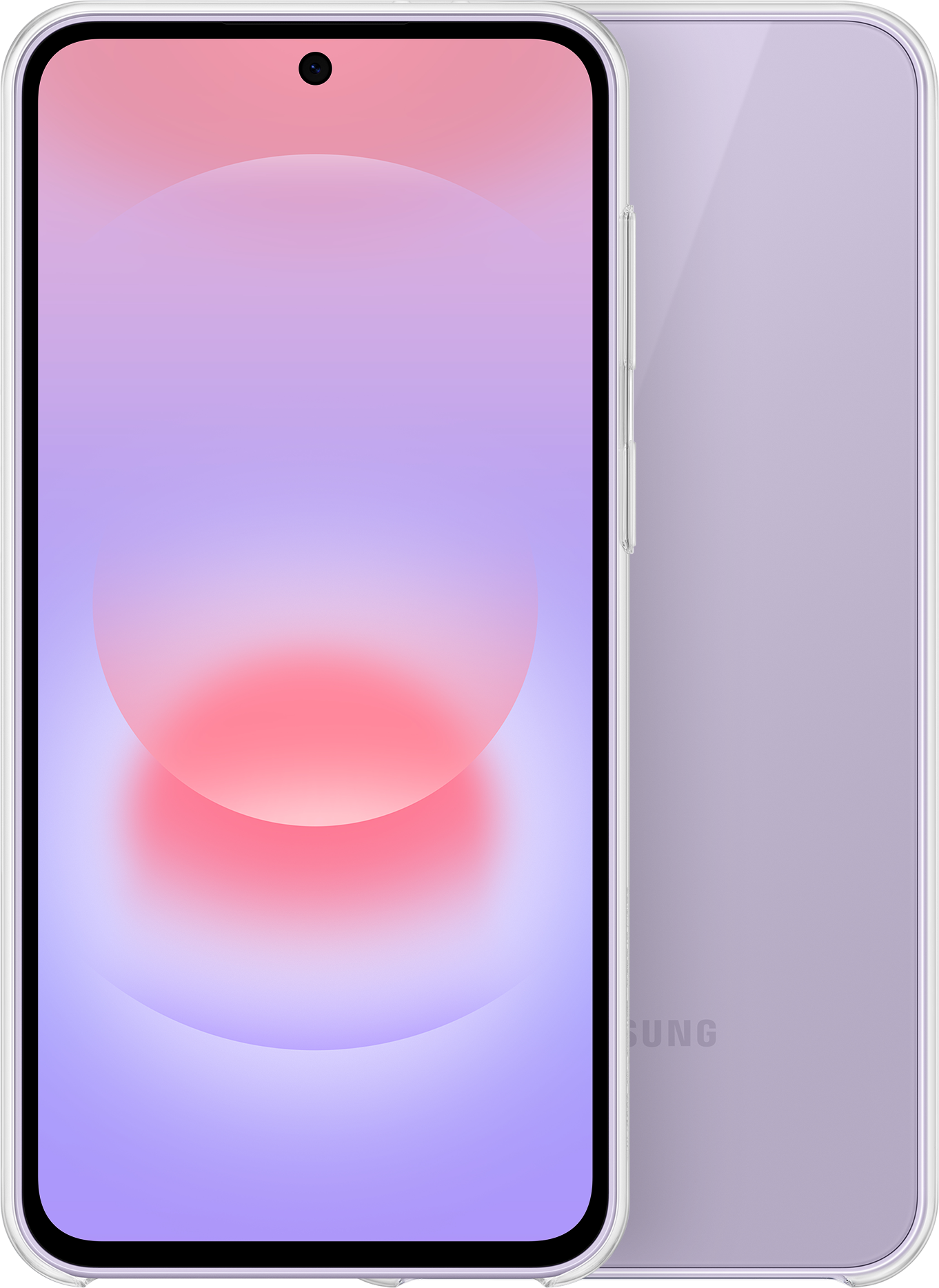 Un smartphone violet dans un étui transparent, vues de face et de dos côte à côte.