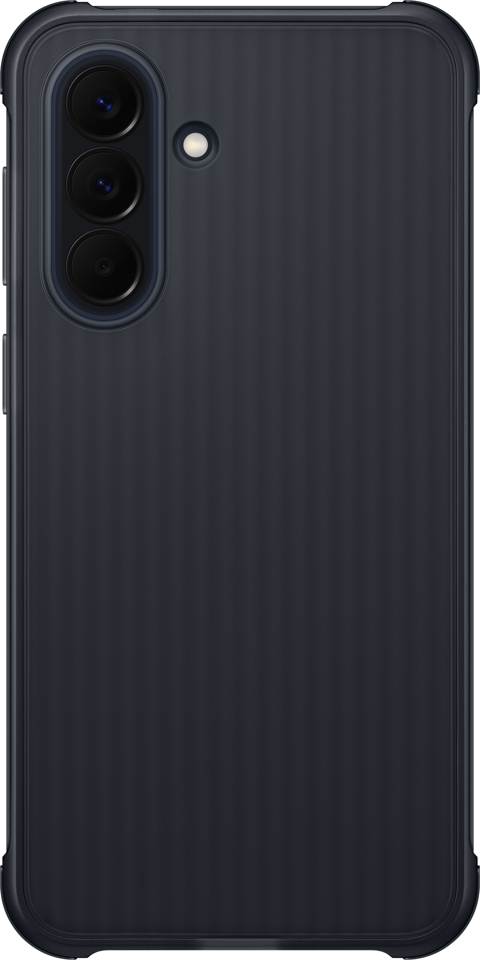 Smartphone grigio scuro con tre fotocamere posteriori e flash.