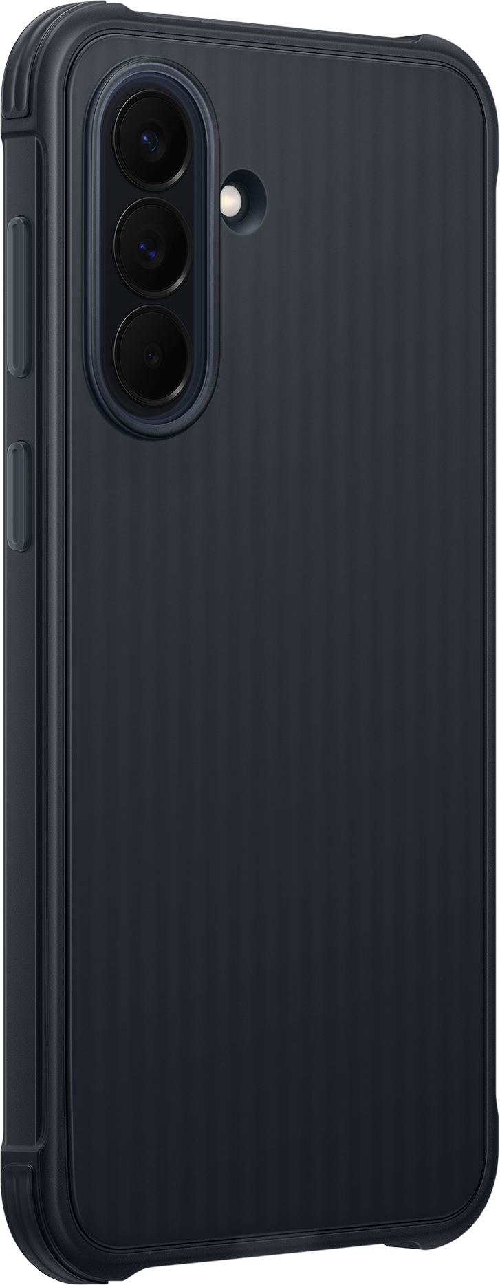 Smartphone blu scuro con tre fotocamere e flash in custodia.
