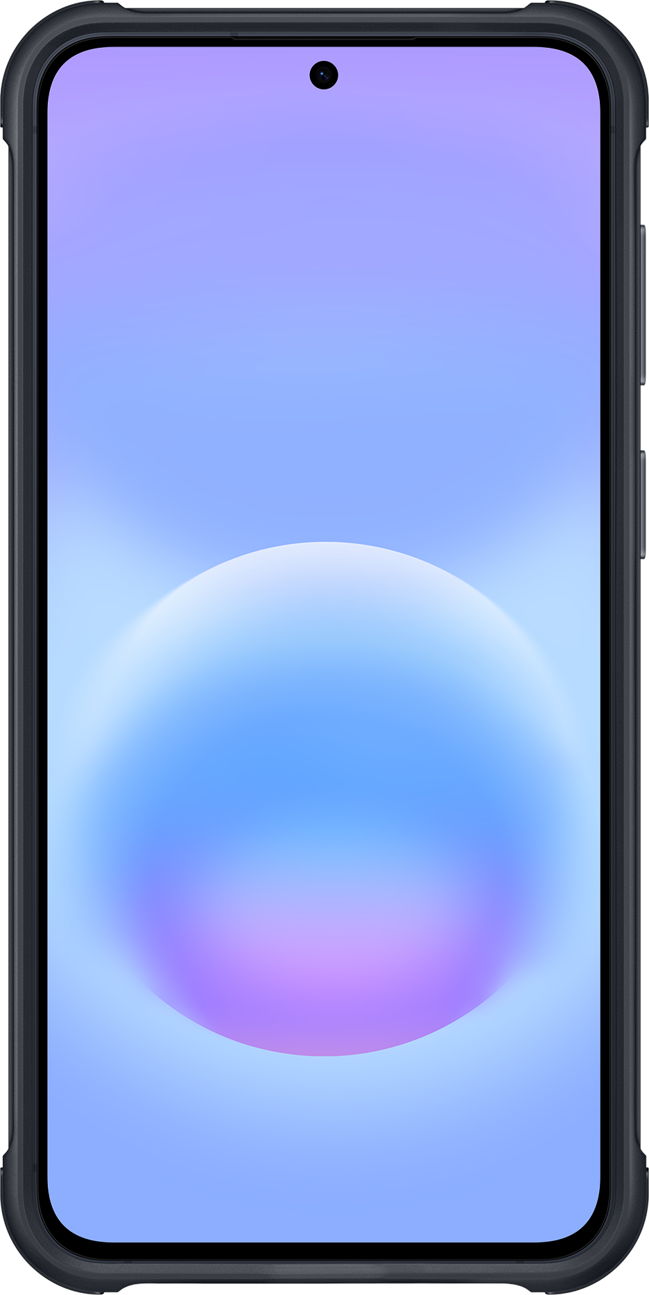 Uno smartphone che mostra uno sfondo sfumato dal viola al blu con un cerchio luminoso.