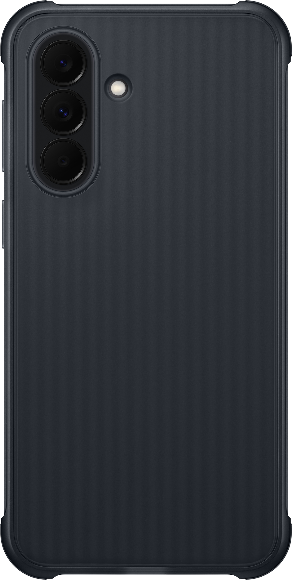 Retro di uno smartphone scuro con tre obiettivi e flash.