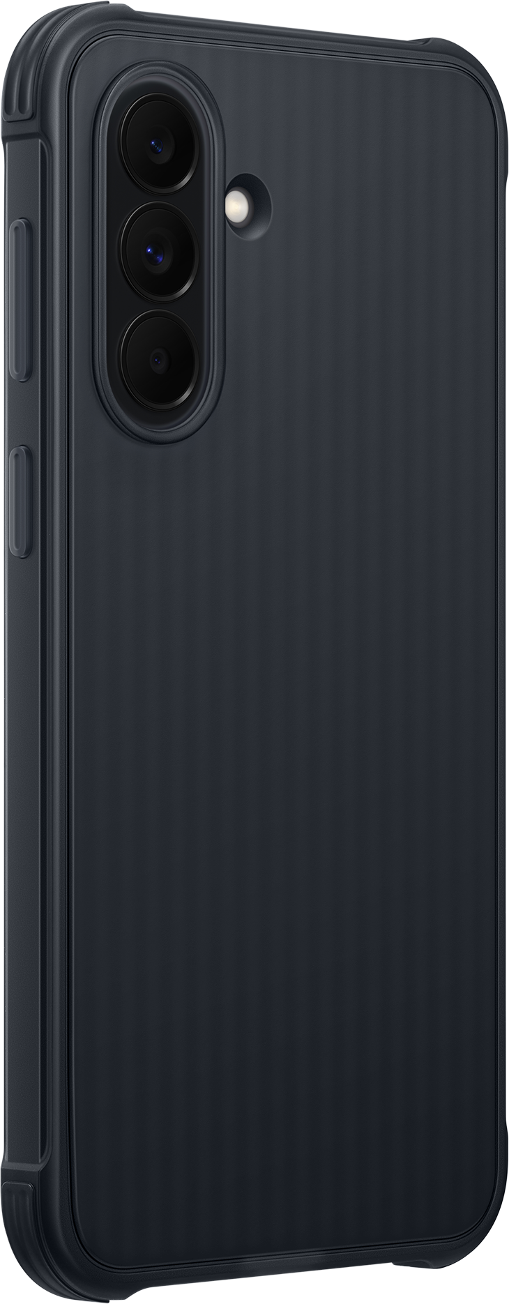 Custodia per smartphone grigio scuro con tre fotocamere e flash.