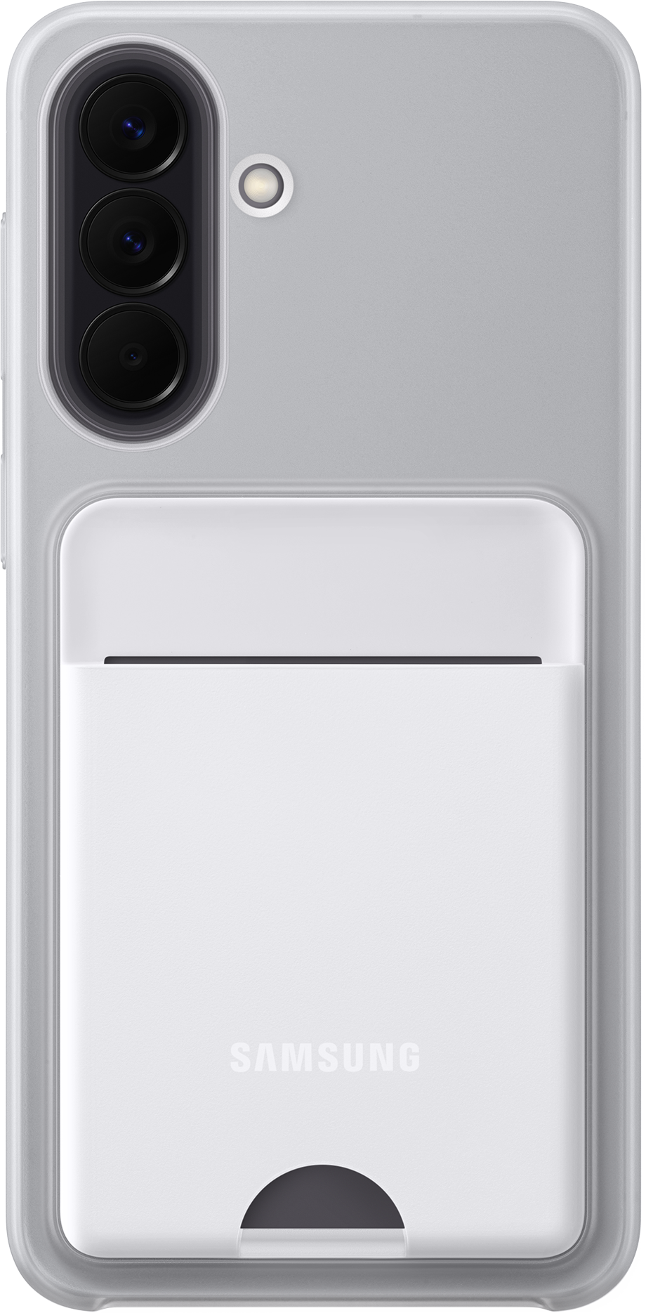 Retro di un telefono Samsung grigio chiaro con slot per carte e tre obiettivi.