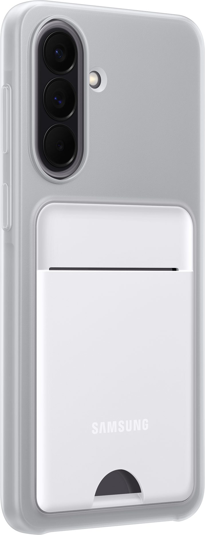 Una custodia trasparente per telefono con slot per carte bianco e logo Samsung.