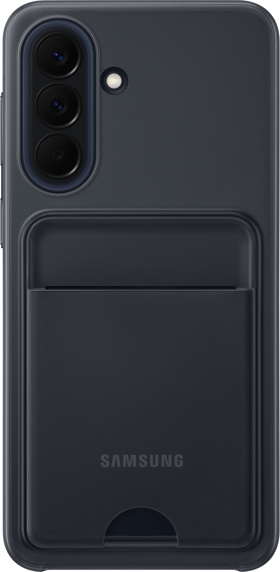 Telefono grigio scuro con tre fotocamere e logo Samsung. Porta carte sul retro.