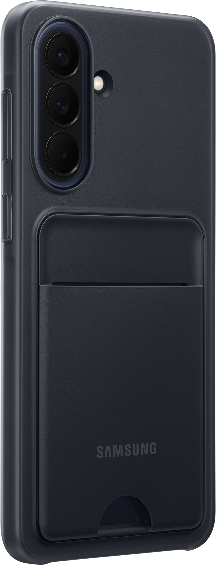 Custodia Samsung grigio scuro con porta carte e tre obiettivi.