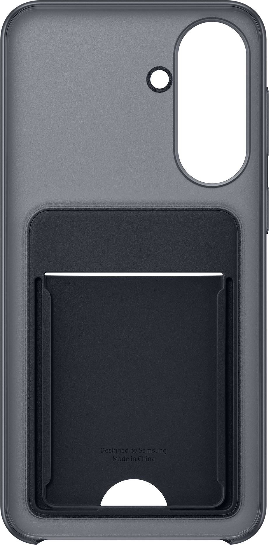 Coque de téléphone grise avec fente pour carte et découpe caméra.