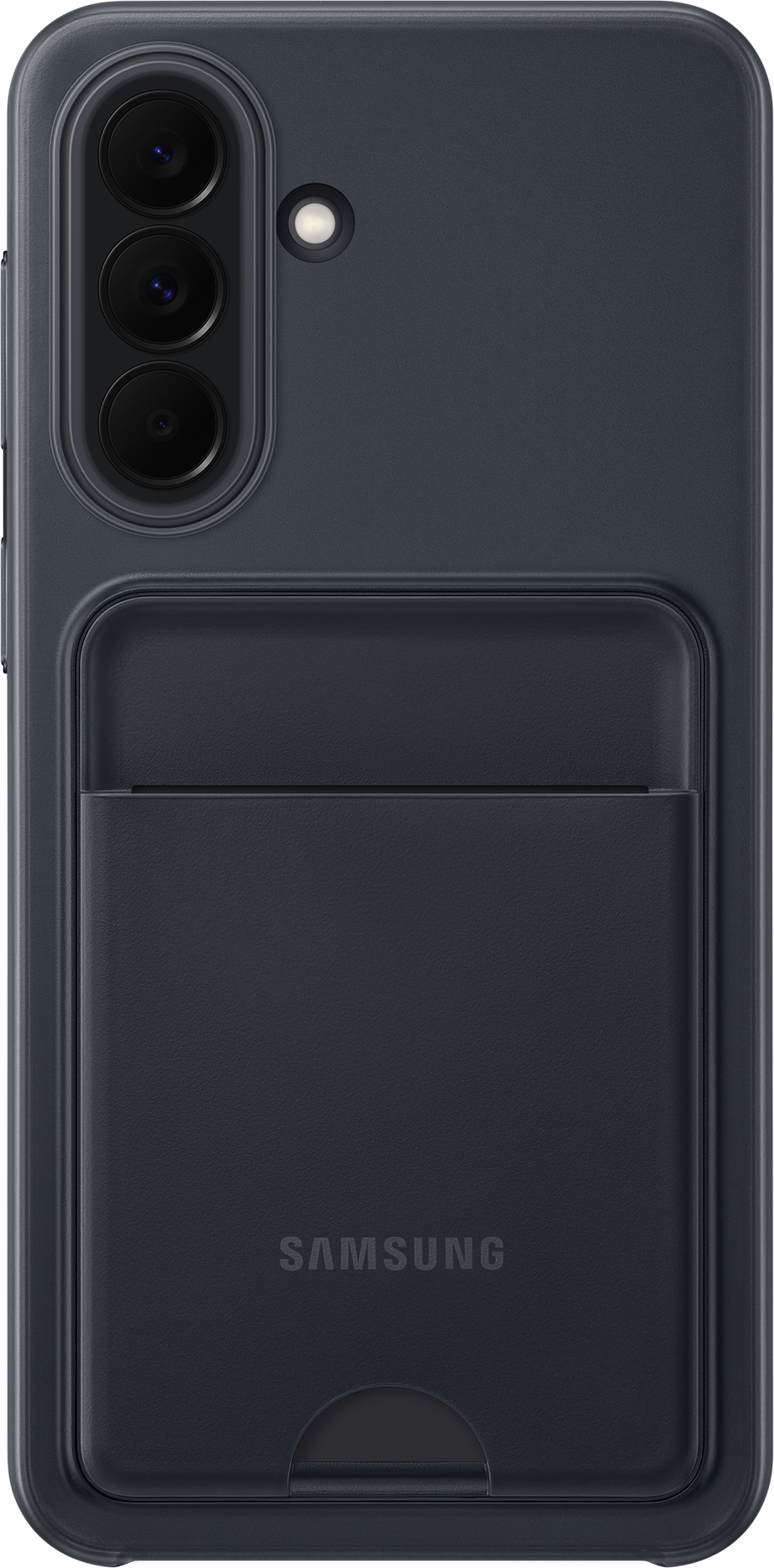 Téléphone gris foncé avec trois caméras et un porte-cartes au dos.
