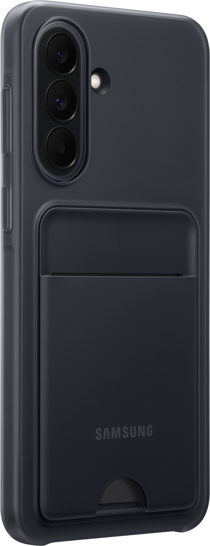 Coque de téléphone gris foncé avec caméras et fente pour carte.