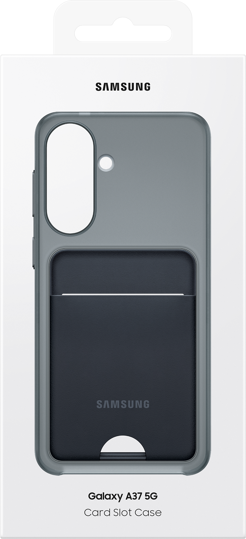 Coque Samsung Galaxy A37 5G avec fente pour carte, grise avec poche noire.