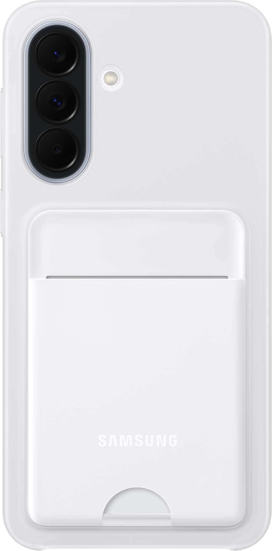 Arrière d'une coque de téléphone blanche avec trois objectifs et un emplacement pour carte.